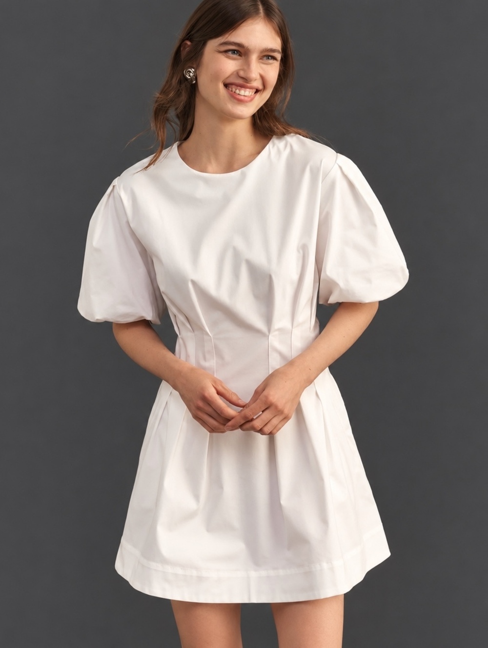 Exquise Tobie Puff-Sleeve Mini Dress White Fit & Flare Cotton Size Small